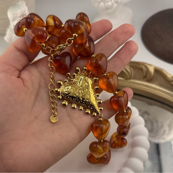 Anthropologie Bold Heart Statement Necklace Resin Beads Stainless Steel Pendant - Picture 8 of 11